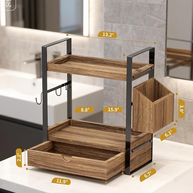 2-Tired Bathroom Counter Organizers and Storage, Bathroom Countertop Organizer with Drawer, Solid Wood Skincare Perfume Organizer for Vanity Kitchen Corner Shelf Office Countertop (Drak Brown)