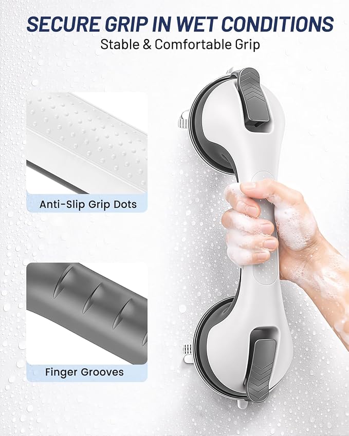 2 Pack Suction Grab Bars for Bathtubs and Showers, Gel-Enhanced Heavy Duty Stable Grip Safety Bars for Seniors and Elderly, No Drilling Removable Bathroom Handles for Tub and Shower Support