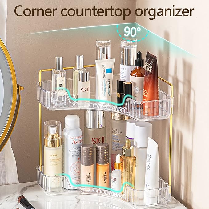 shuang qing 2-Tier Corner Bathroom Counter Organizer – Classic Storage Shelf for Makeup, Perfume & Toiletries, Space-Saving Countertop Tray Fits Bathroom, Dresser, Kitchen (Classic White)