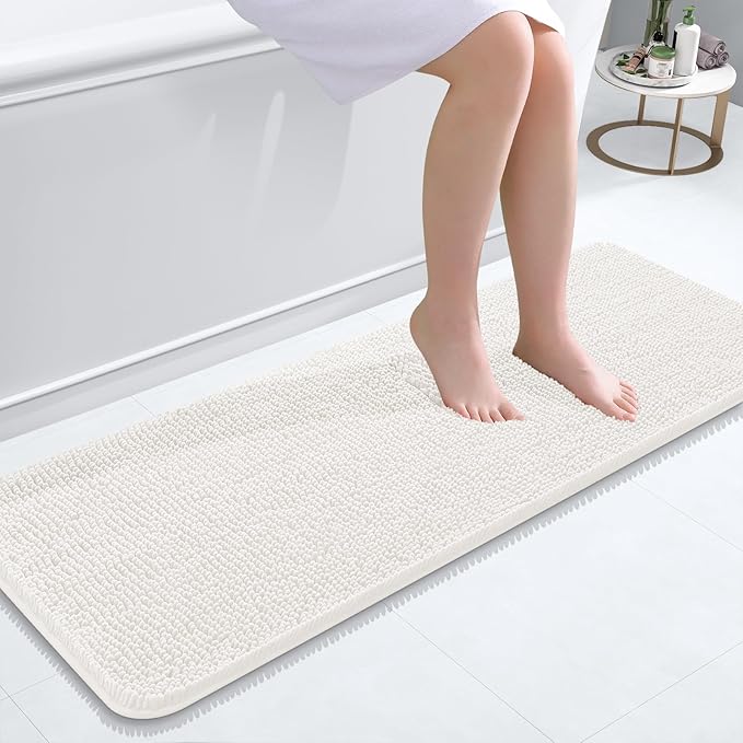 OLANLY Bathroom Runner Rugs 47x17, Extra Soft Absorbent Chenille Bath Rugs, Rubber Backing Quick Dry, Machine Washable Long Bath Mats for Bathroom Floor, Tub and Shower, Home Decor Accessories, Ivory