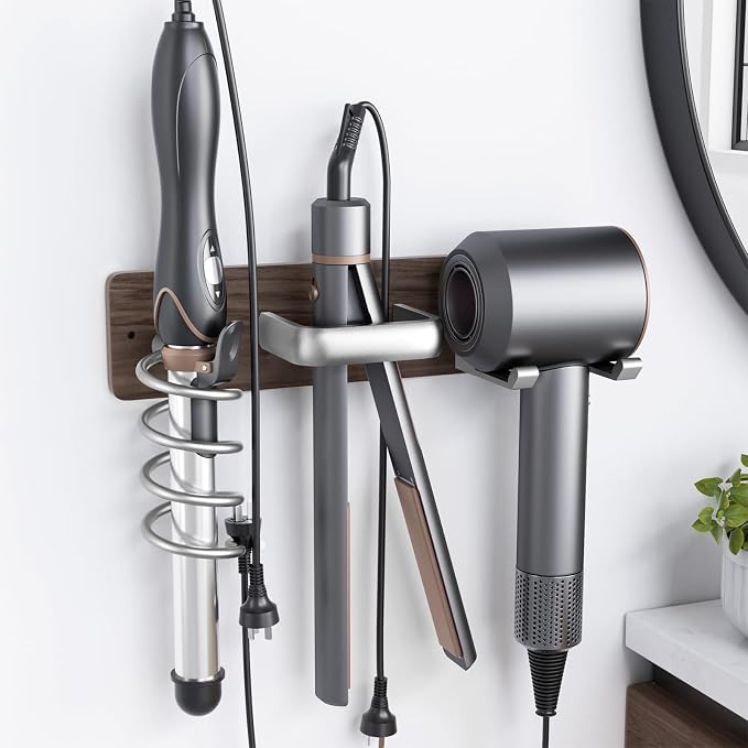 Tindbea Hair Dryer Holder Wall Mount Aluminum Alloy Hot Tools Organizer | Walnut Wood Silver