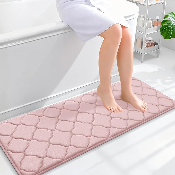 OLANLY Memory Foam Bath Mat Rug 47x17, Ultra Soft and Absorbent Bathroom Rugs, Non-Slip, Comfortable, Machine Washable Bath Carpet for Bathroom Floor, Tub, Shower and Home Decor Accessories, Pink