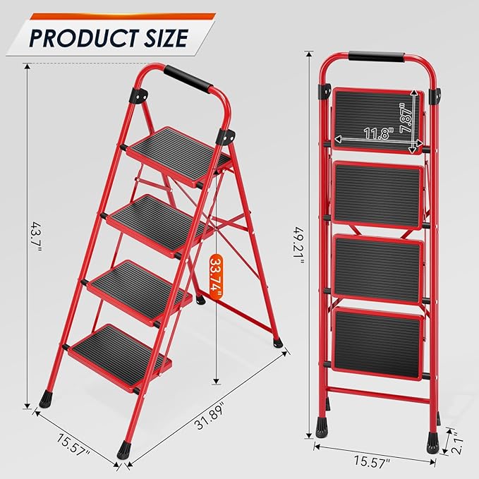 Urackify Step Ladder, 4 Step Ladder with Anti-Slip and Wide Pedal, Portable Foldable Step Stool with Handgrip, Sturdy Step Ladder for Home Kitchen Household, Red