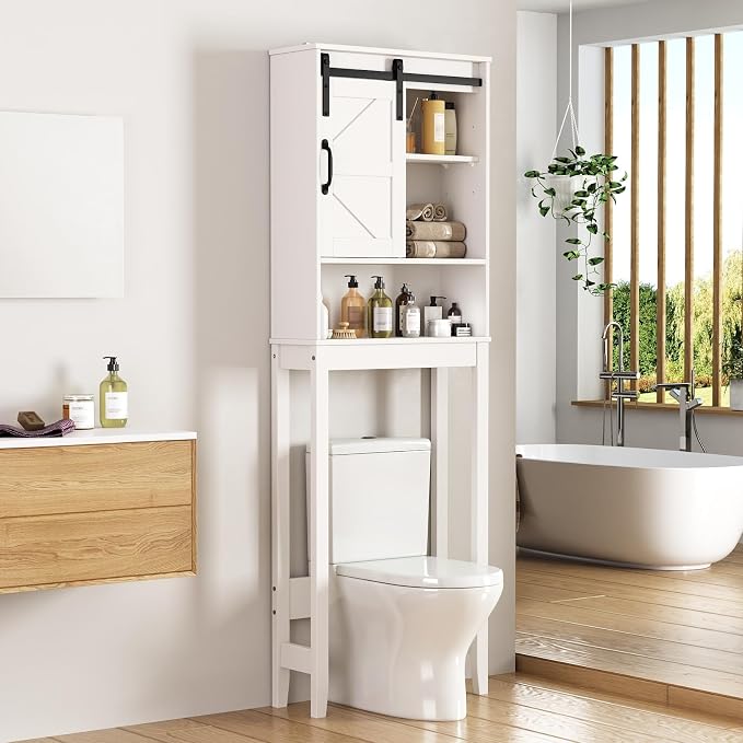 Over The Toilet Storage Cabinet, Bathroom Organizer with Adjustable Shelves and Anti-Tip Device, Space-Saving Storage Solution, White