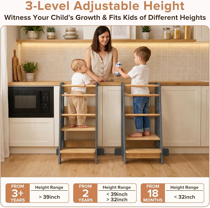 EHHLY Toddler Standing Tower Kitchen Helper – Extra Safe Adjustable 3-Level Learning Tower, Stable Wooden Toddler Kitchen Stool and Step Stool for Independent Learning (Gray)