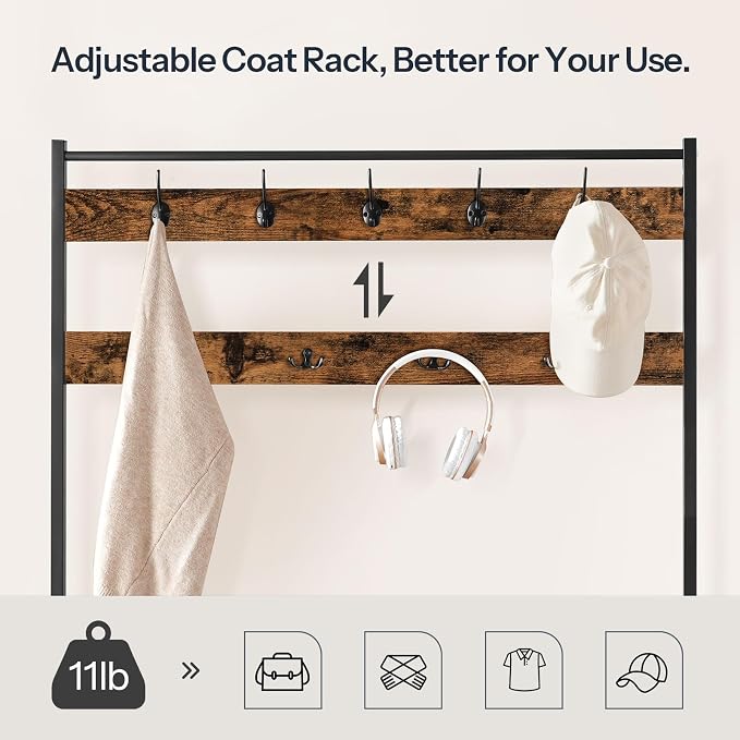 HOOBRO Hall Tree, Coat Rack with Shoe Rack, 39.4” Hall Tree with Bench, 5 Tier Shoe Storage Organizer with 9 Hooks for Entryway, Closet, Sturdy, Industrial, Rustic Brown and Black BF801MT01