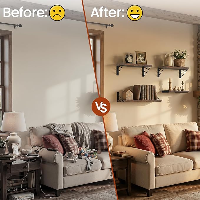 BAYKA Wall Shelves for Bathroom Decor, Floating Wall Shelves for Living Room Kitchen Storage, Mounted Rustic Wood Floating Shelves for Kids Books, Corner Shelf for Bedroom(Rustic Brown，Set of 4)