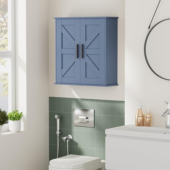 Homleke Bathroom Wall Cabinet, Over Toilet Storage Cabinet with Barn Doors and Adjustable Shelves, 3-Tier Medicine Cabinet Wall Mounted, for Bathroom, Kitchen, Entryway, Laundry Room, Blue, (7.9" D)