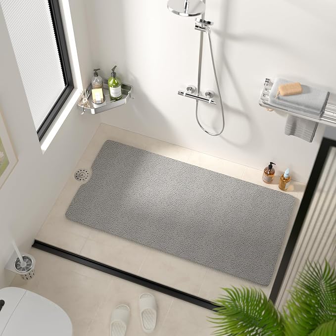 HITSLAM Non Slip Bathtub Mat 40 x 20 Inch, Extra Long Bath Mat for Tub, Soft PVC Loofah Shower Floor Mat with Drain, Quick Drying Bathroom Tub Mat for Wet Area, Without Suction Cup, Grey