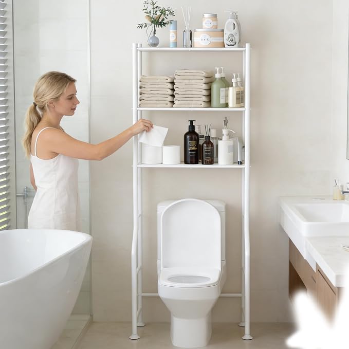 Livilord 3-Tier Over The Toilet Storage Rack, Space Saver Metal Bathroom Shelves, Freestanding Over Toilet Bathroom Organizer for Bathroom/Living Room (White)