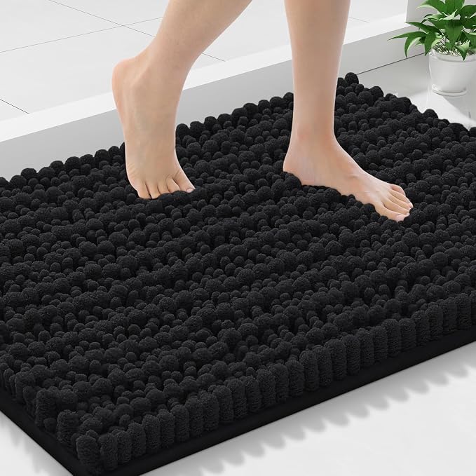 Smiry Bathroom Rugs Mat 30x18, Extra Soft Absorbent Chenille Bath Rugs, Non Slip Rubber Backing Machine Washable Quick Dry Bath Mats for Bathroom Floor, Tub, Shower, Home Decor Accessories, Black