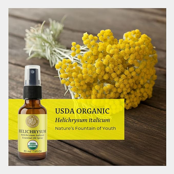 Silk Road Organic Helichrysum Italicum Essential Oil Spray for Skin Care, Wrinkles, Scars, Bruises - USDA Certified Immortelle Oil 1oz Body Spray - Always Pure, Always Organic