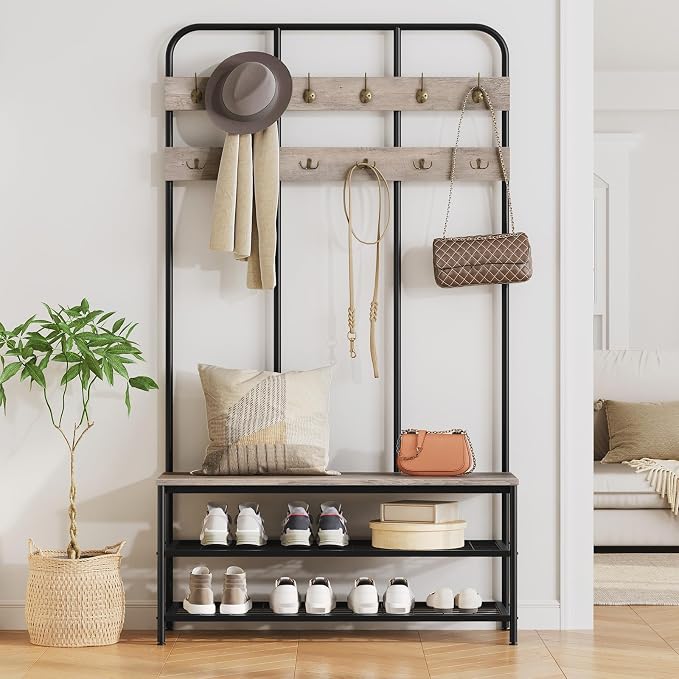 HOOBRO Hall Tree with Bench, Entryway Bench with Coat Rack, Mud Room Rack with 12 Double Hooks and Shoe Storage, Coat Tree, Shoe Organizer, for Foyer, Front Door, Greige and Black BG05MT01