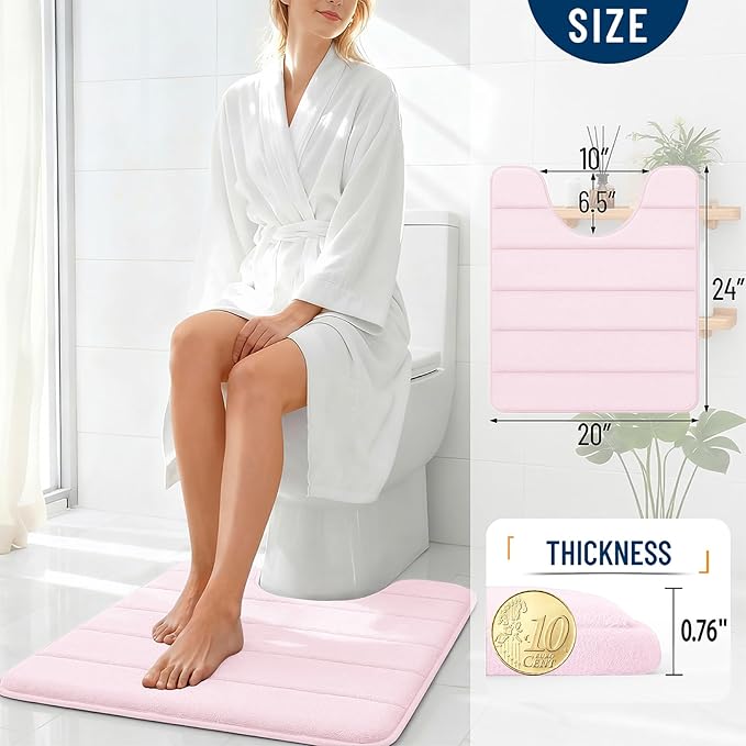 OLANLY Memory Foam Toilet Rugs U Shaped 24x20, Super Soft Absorbent Contour Bath Rugs, Quick Dry, Machine Washable Toilet Mat, Bathmat Floor Carpet, Bathroom Home Decor Accessories, Pink