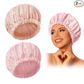 Reusable Shower Cap for Women, Large Waterproof Shower Bonnet with Elastic Band, Washable Bath Hair Cap for Long, Curly Hair, Braids, Daily Shower, Home Spa, Travel(Pink&Beige)
