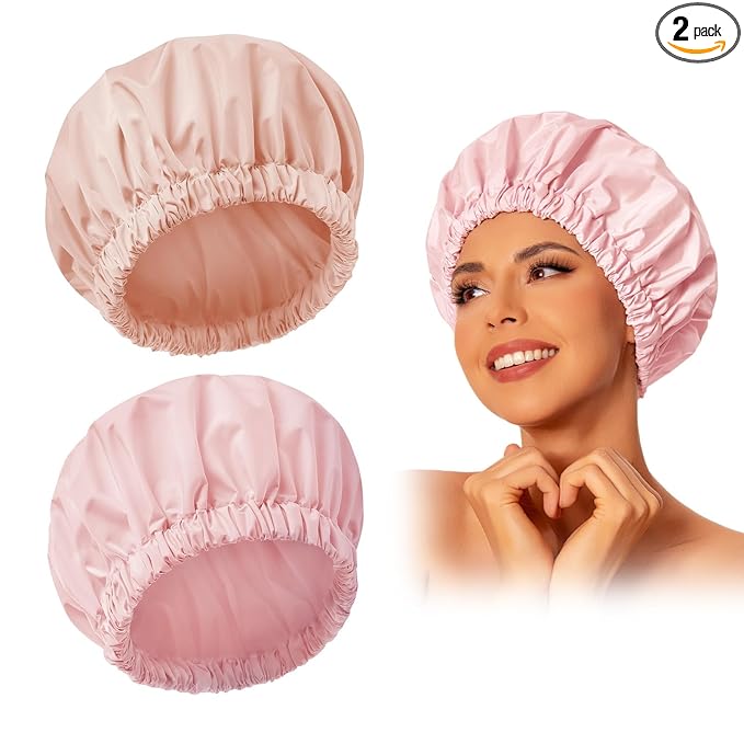 Reusable Shower Cap for Women, Large Waterproof Shower Bonnet with Elastic Band, Washable Bath Hair Cap for Long, Curly Hair, Braids, Daily Shower, Home Spa, Travel(Pink&Beige)