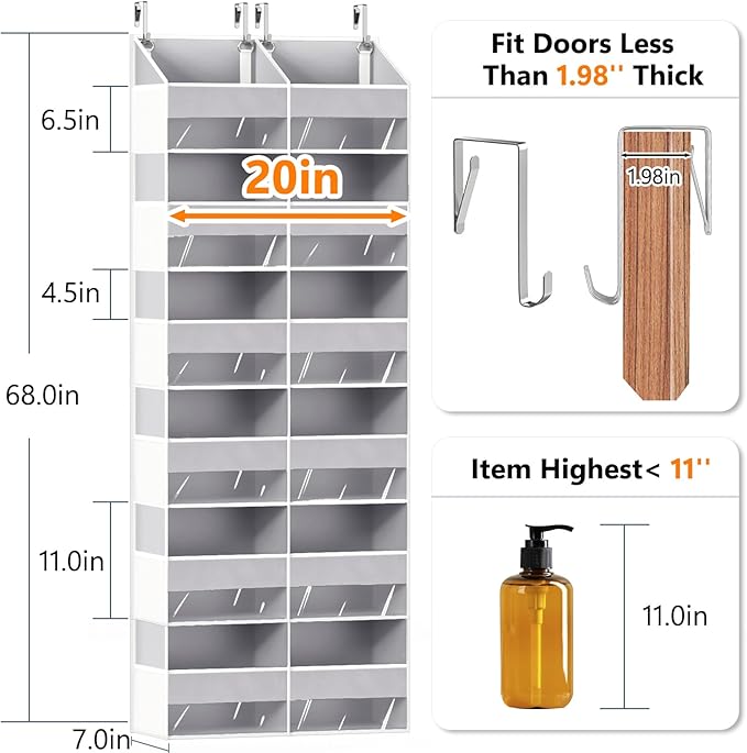 UVIAHOMI Heavy Duty Over The Door Organizer 6 Tiers, Extra Large Behind Door Storage of 12 Front & 12 Mesh Pockets, 80lb Weight Capacity, Hanging Doors Storage for Closet Bedroom Nursery, Light Gray