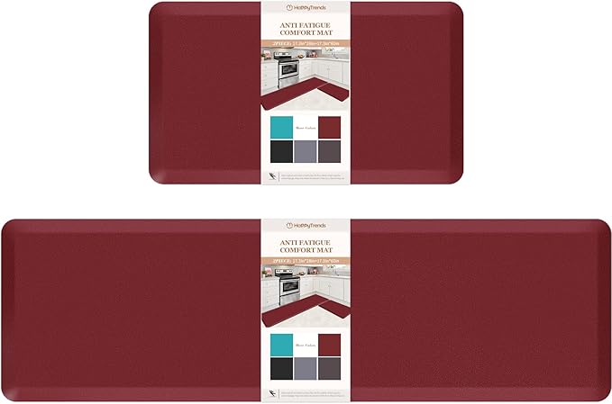 HappyTrends Kitchen Mat,17.3"x28"+17.3"x60" Red, Cushioned Comfort Anti-Fatigue Waterproof Floor Mat Kitchen Rugs, Thick Perfect Ergonomic Foam Standing mat for Kitchen, Home, Office, Laundry