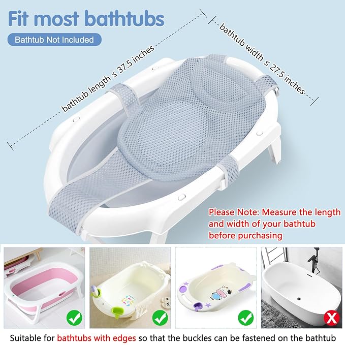 Colorlife Baby Bath Seat Support Net Infant Bathing Seat Support Mat, Adjustable Comfortable Non-Slip Five-Pointed Baby Shower Net Bathtub Sit Up Mesh for Newborn 0-12 Months-Grey(No Bathtub)