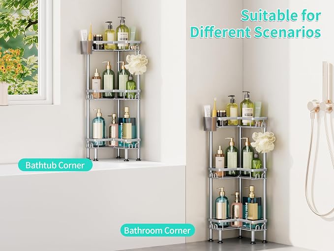HapiRm Standing Shower Caddy Corner - 3 Tier Corner Shower Organizer with Toothbrush Holder and 12 Hooks, Large Capacity Rustproof Bathroom Shelves for Tall Bottles, Silver