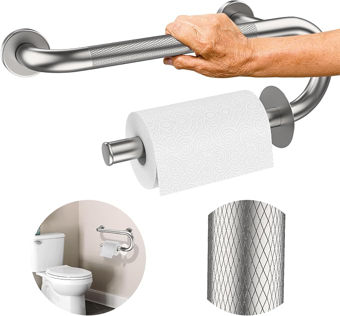 𝐔𝐩𝐠𝐫𝐚𝐝𝐞𝐝 Toilet Grab Bars 16 Inch - Toilet Paper Holder Grab Bar Stainless Steel Knurled Toilet Grab Bars for Seniors Bathtub Bathroom Rails for Elderly Safety Balance Support, Brushed Nickel
