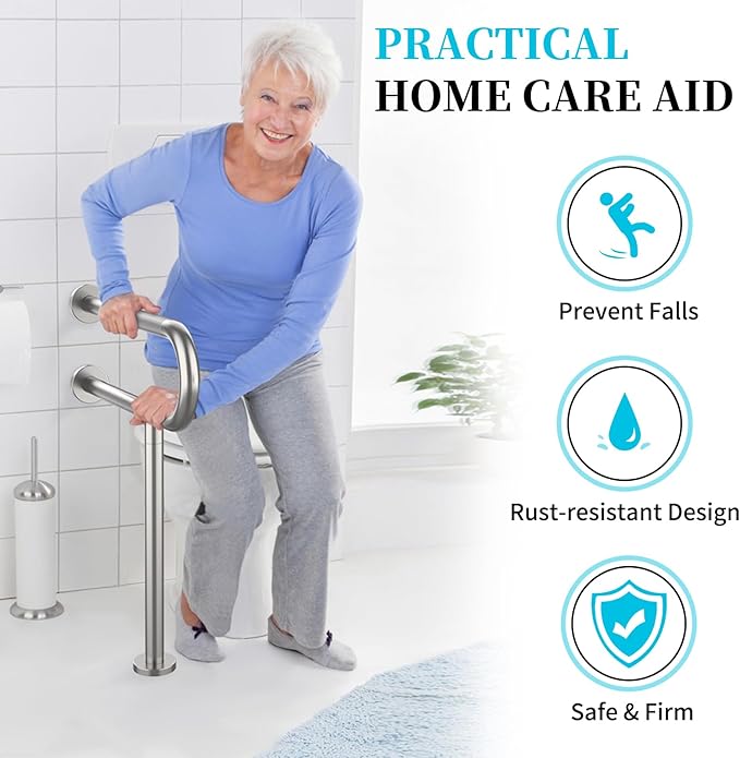 Toilet Support Rail 24 Inch, Munzong Anti-Slip Satin Brushed Nickel Handicap Grab Bar for Bathroom, Stainless Steel Knurled Safety handrails with Leg for Elderly Disabled Pregnant-1.25’Tube