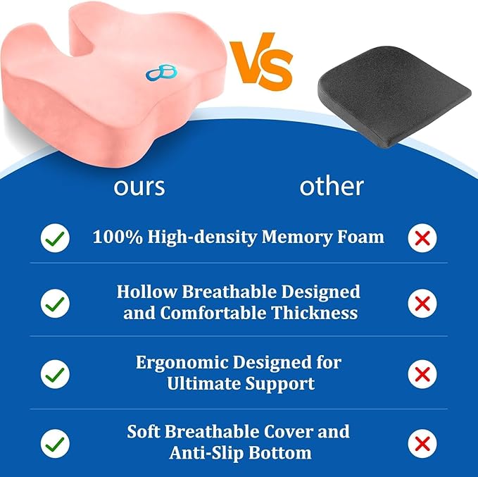 CushyOasis Seat Cushion, Chair Cushions, Office Chair Cushions, Anti-Slip Bottom & Removable Cover Tailbone Pain Relief Cushion, Memory Foam Seat Cushion for Office, Wheelchair, Car (Pink)
