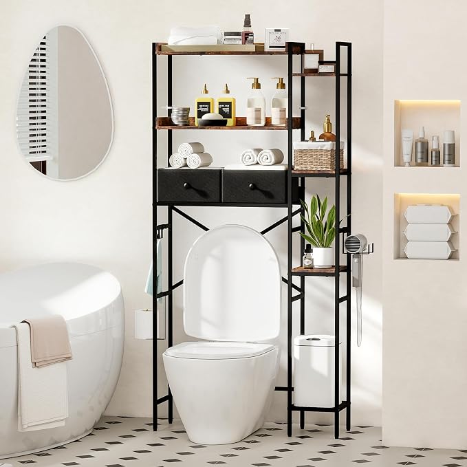 Over The Toilet Storage Shelf with Drawers, 7 Tier Above Toilet Bathroom Organizer Rack with Adjustable Shelves, Space Saver Stand Behind Toilet with Paper Holder & Hooks for Laundry, Brown