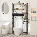 Over The Toilet Storage Shelf with Drawers, 7 Tier Above Toilet Bathroom Organizer Rack with Adjustable Shelves, Space Saver Stand Behind Toilet with Paper Holder & Hooks for Laundry, Brown