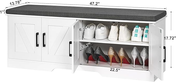 HOMSHO 2-Tier Storage Bench, 47.2" Wide Shoe Bench with Padded Seat Cushion, Entryway Bench with 4 Barn Doors and Adjustable Shelf, White