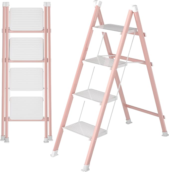 DIAMONDFORGE 4 Step Folding Ladder, Heavy Duty Steel Step Stool with Anti-Slip Wide Pedal & Feet, 600 lbs Capacity, Safety Ladder for Home and Office, Pink White