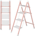 DIAMONDFORGE 4 Step Folding Ladder, Heavy Duty Steel Step Stool with Anti-Slip Wide Pedal & Feet, 600 lbs Capacity, Safety Ladder for Home and Office, Pink White