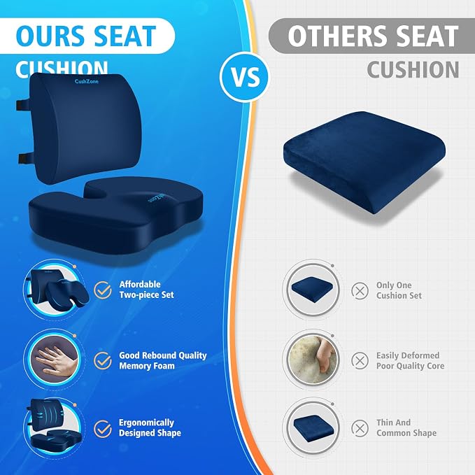 CushZone Seat Cushion, Lumbar Support Pillow with Adjustable Strap-Chair Cushions for Sciatica Pain Relief-with Washable Cover Memory Foam for Car, Travel and Wheelchair-Blue