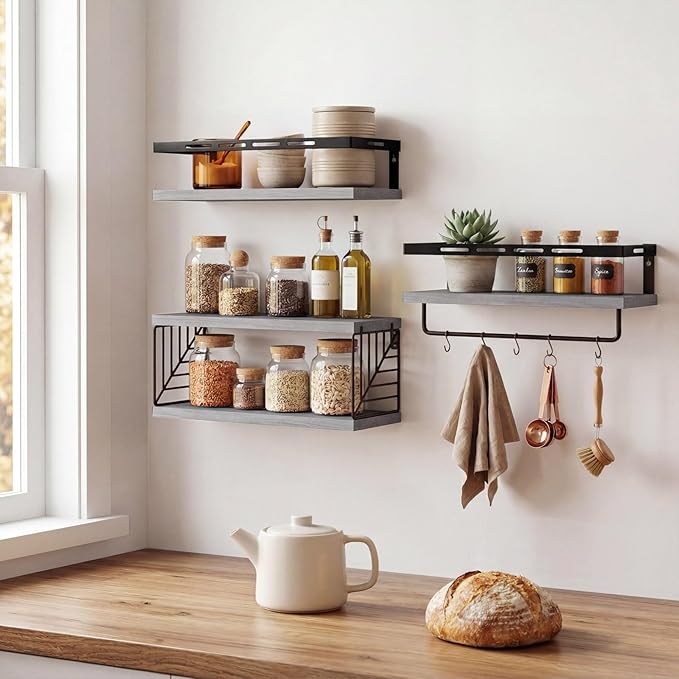 Fixwal Wall Mounted Bathroom Shelves Over Toilet, Rustic Wood Floating Shelves with Metal Frame and Towel Bar for Bathroom, Kitchen, Bedroom, Living Room (3 Plus 1 Gray)