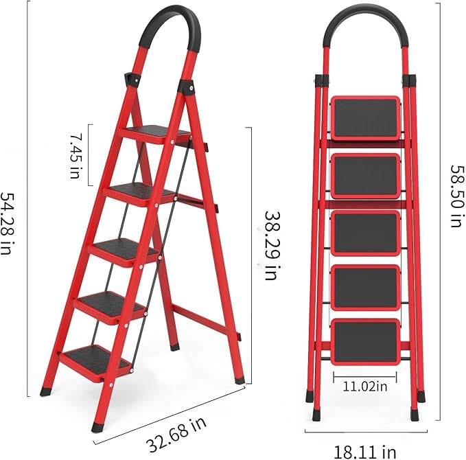 5 Step Folding Ladder, Portable and Compact, Anti-Slip Multi-Use Household Step Ladder for Home, Kitchen, Office, and Garage – Easy Storage, Sturdy and Durable