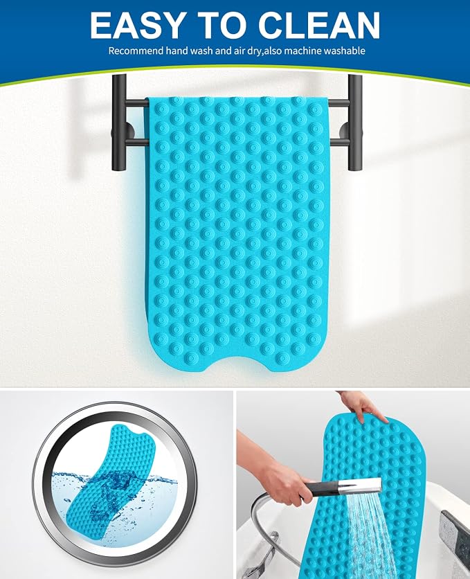 Bligli Bathtub Mat Non-Slip Without Suction Cups, 39x16inch Extra Long Bath Mats for Shower Bathroom, Machine Washable Natural Rubber Shower Tub Mat (39x16inch, Blue)