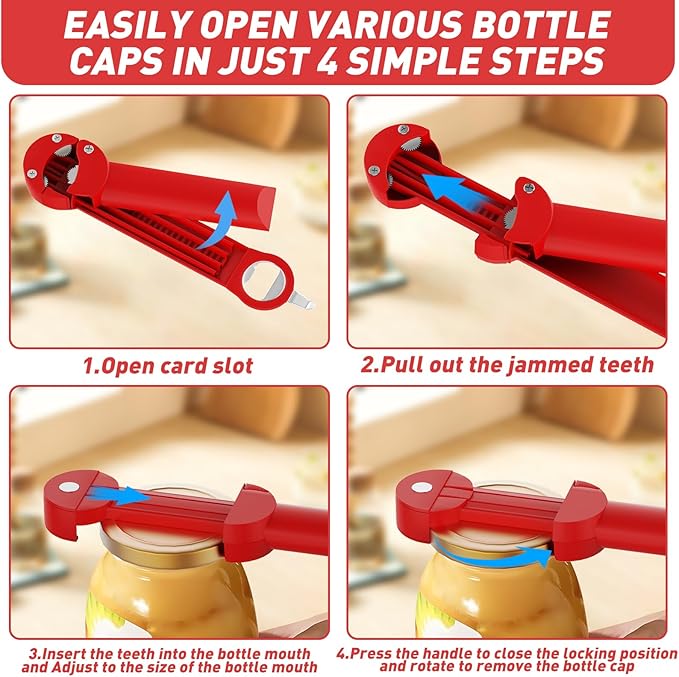 Jar Opener Bottle Opener for Seniors with Arthritis, Multi Retractable Magnetic Can Opener, Jar Grippers for Opening Jars, Kitchen Gadgets for Weak Hands and Senior Arthritis (Red)