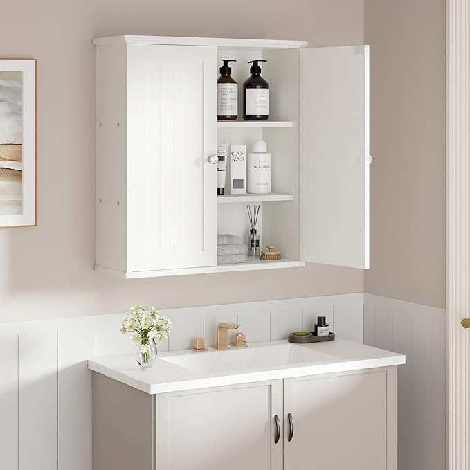 Shintenchi Bathroom Wall Medicine Cabinet with 2 Door, Bathroom Storage Organizer Over The Toilet,Space Saving Storage with 3-Tier Shelves,Solid White