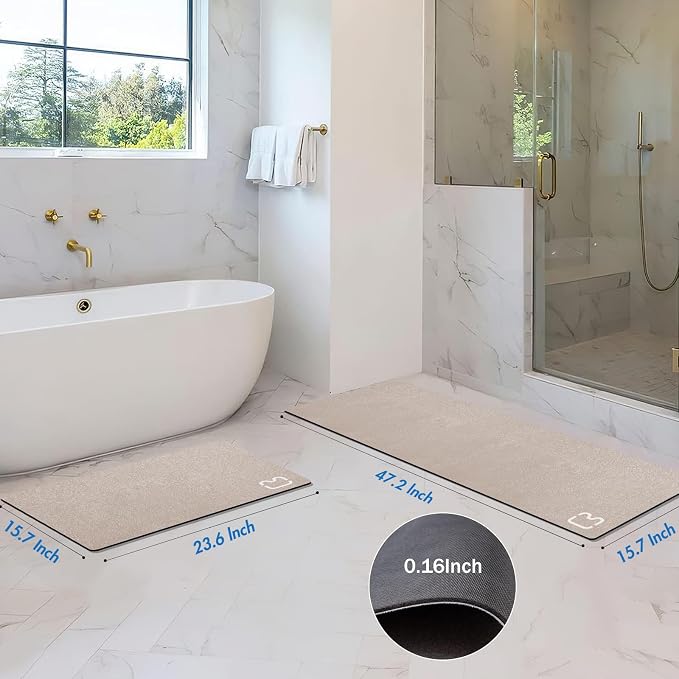 2 Piece Bathroom Rugs Mat Set - Quick Dry Diatomaceous Earth Bath Mat for Bathroom Non-Slip Bath Rug with Rubber Backing, Absorbent Bath Mats Thin Bath Floor Mat, 15.7x23.6+15.7x47.2 Inch, Taupe