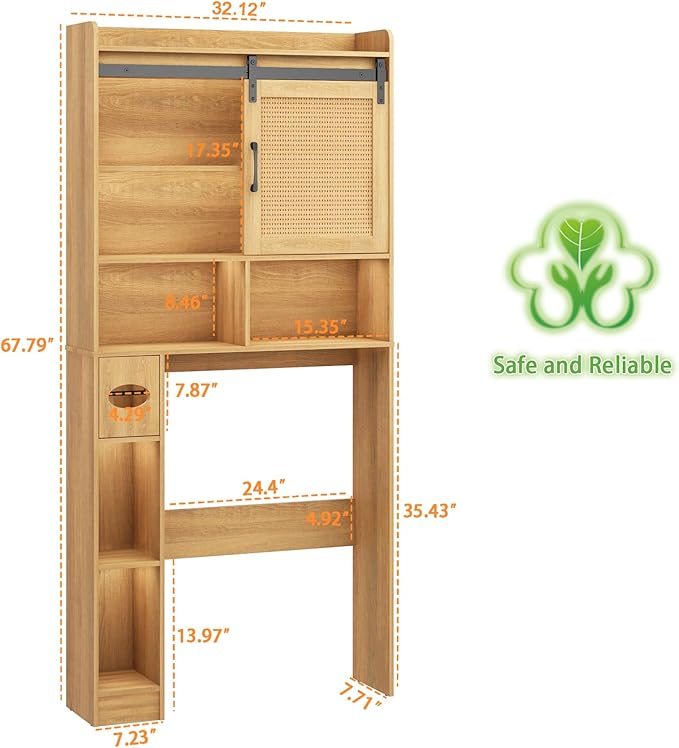 Vabches Over The Toilet Storage Cabinet, Farmhouse Rattan Storage Cabinet Over Toilet with Sliding Doors & Toilet Paper Holder Stand, Home Space-Saving Toilet Rack, for Bathroom, Laundry(Rattan Oak).
