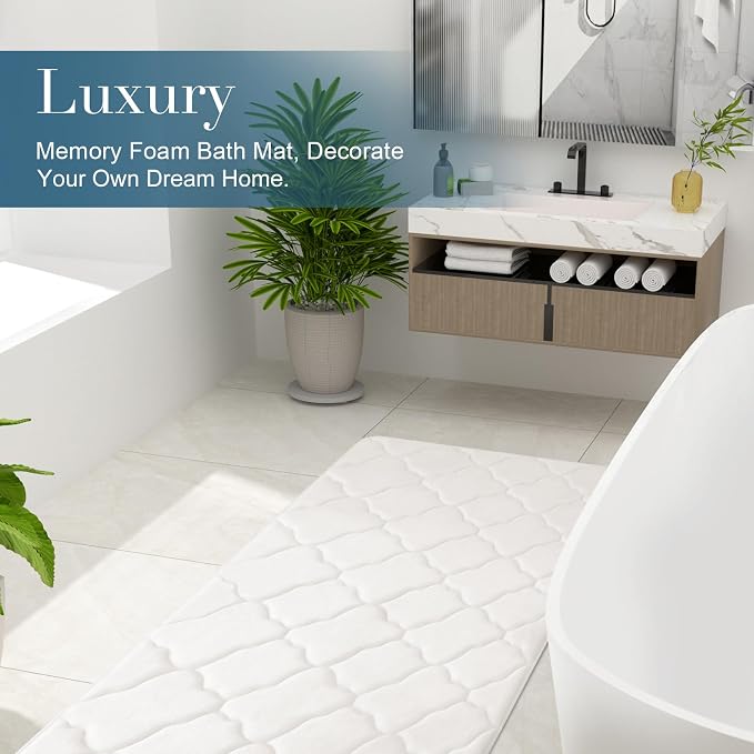 OLANLY Memory Foam Bath Mat Rug 44x24, Ultra Soft and Absorbent Bathroom Rugs, Non-Slip, Comfortable, Machine Washable Bath Carpet for Bathroom Floor, Tub, Shower and Home Decor Accessories, Ivory