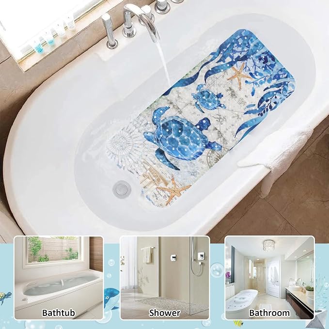 Topotdor Baby Bathtub Mat Non Slip for Kids, 40 X 16 Inch Cute Cartoon Bath Tub Shower Mat Anti Slip with Suction Cups & Drain Holes, Nautical Sea Turtles