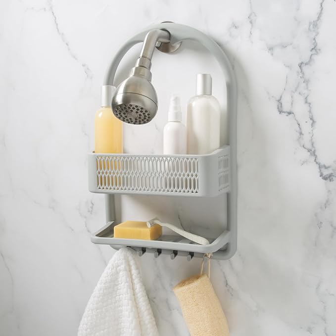 Bath Bliss Molded Shower Caddy | Bathroom Storage | Hangs Over Shower Head | 6 Accessory Hooks | Holds Razors | Washcloths | Accessories | Suction Cup Stability | Grey