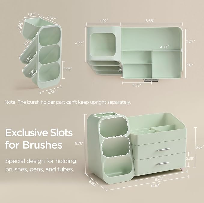 HBlife Makeup Organizer with Brush Holder for Vanity, Large Plastic Bathroom Countertop Organizer Skin Care Storage, Easy to Store Lipsticks, Nail Polishes, Perfumes, Eyeshadow Palettes, All Green