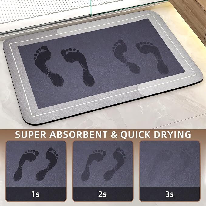 Mordem Diatomaceous Earth Bath Mat Super Absorbent Quick Dry Bath Mat, Bathroom Rugs Non Slip Washable, Thin Grey Bathroom Floor Mats-Shower Rug for in Front of Bathtub Shower, Easy Care,19.6"x31.5"