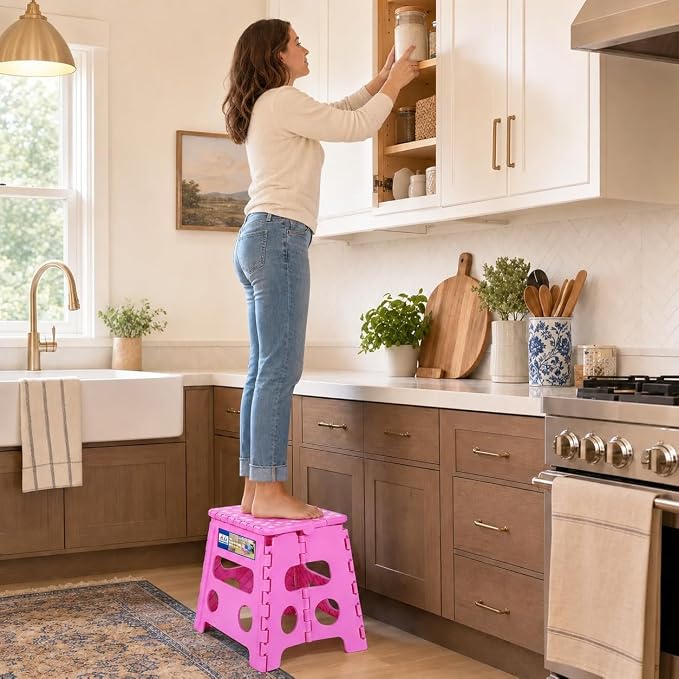 ACKO Folding Step Stool - 13 inch Height Premium Heavy Duty Foldable Stool for Kids and Adults, Kitchen Garden Bathroom Stepping Stool (Pink)