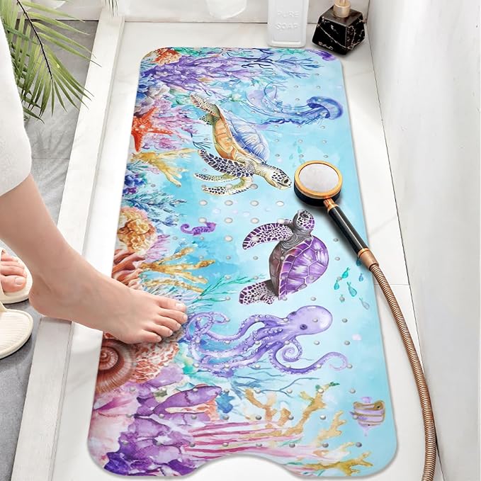 Ocean Animals Bathtub Mat Non Slip, Sea Turtle Baby Bath Mat for Tub Rubber Tub Mat, Cute Toddler Kids Bath Mats for Bathroom Anti Slip Shower Mat with Suction and Drain Holes Machine Washable,40″x16″