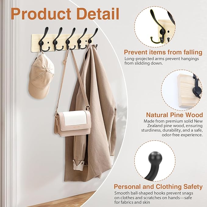 Wooden Coat Rack Wall Mount Heavy Duty, 2 Pack Coat Hanger Wall Mount with 5 Triple Hooks for Clothes, Jacket, Hat, Keys, Space Saving Entryway Organizer for Mudroom (Natural Plate & Black Hooks)