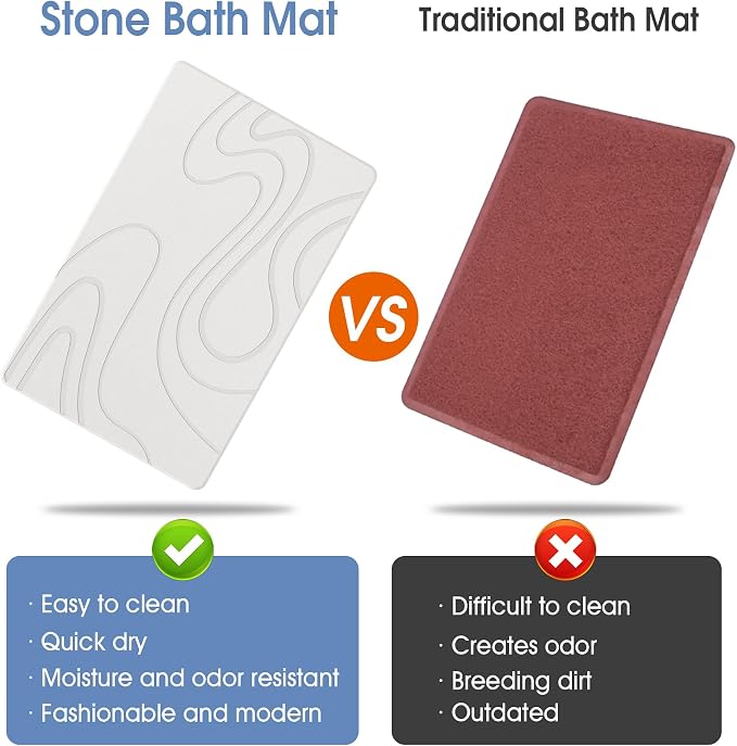Veeloim Stone Bath Mat Diatomaceous Earth Shower Mat Non-Slip Super Absorbent Diatomite Stone Mats for Bathroom Floor/Kitchen Counter Quick Drying Natural Easy to Clean(23.6''×15.4" White)