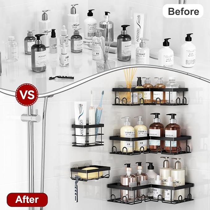Liuoud Corner Shower Caddy 5 Pack, Rustproof Stainless Steel Shower Organizer with Soap Rack Toothbrush Holder, Large Capacity Adhesive No Drilling Bathroom Storage Decor Set, Black
